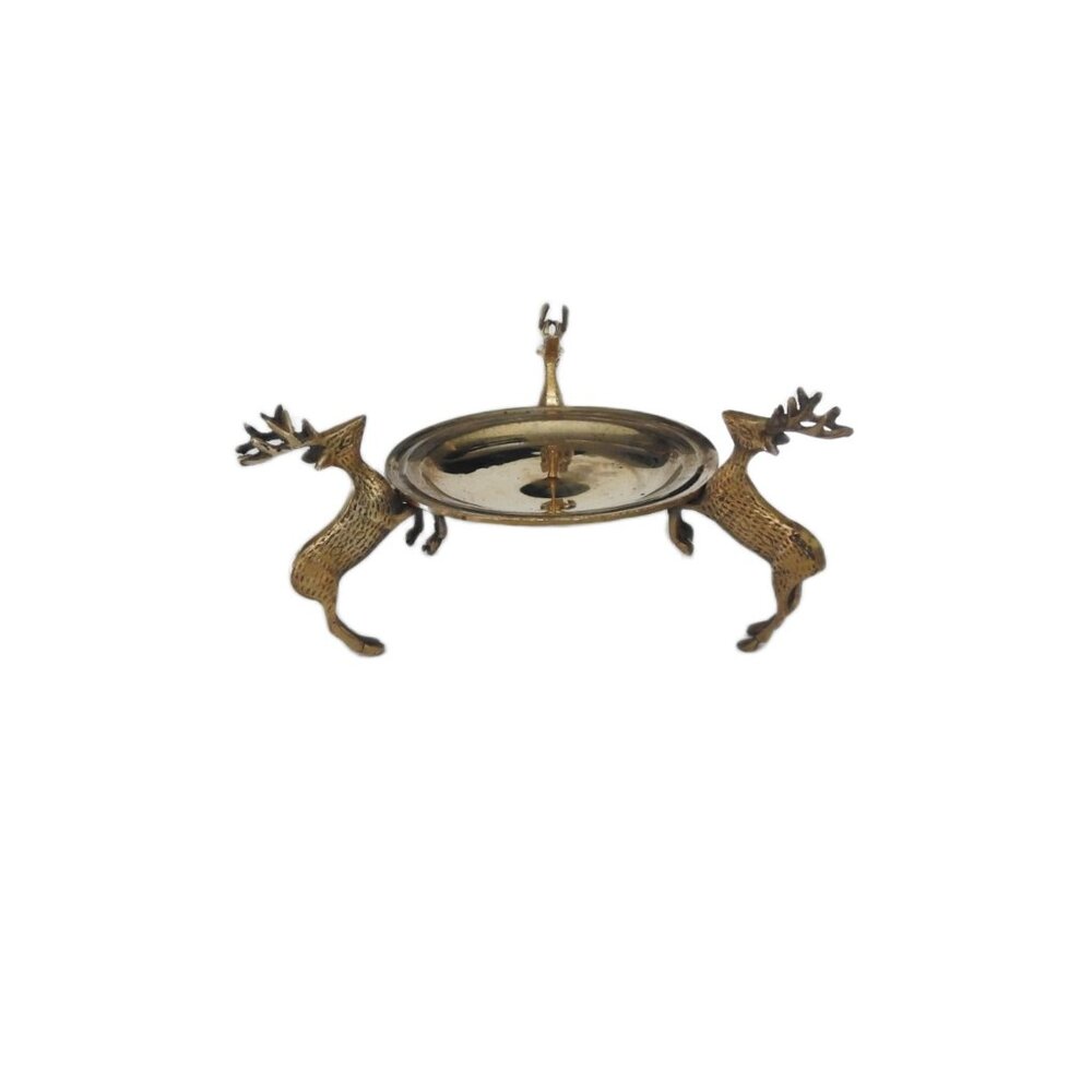 Vintage Solid Brass Trio Deer Raindeer Large Pollar Candle Holder Stand